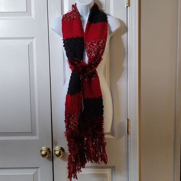Cejon red black scarf soft fuzzy multi texture scarf - Picture 1 of 10